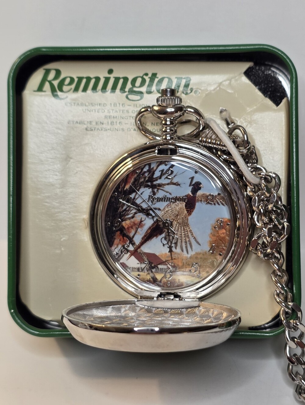 Remington Vintage Pocket Watch Metal Tin Pheasant Bird Hunting Dog Mens Jewelry